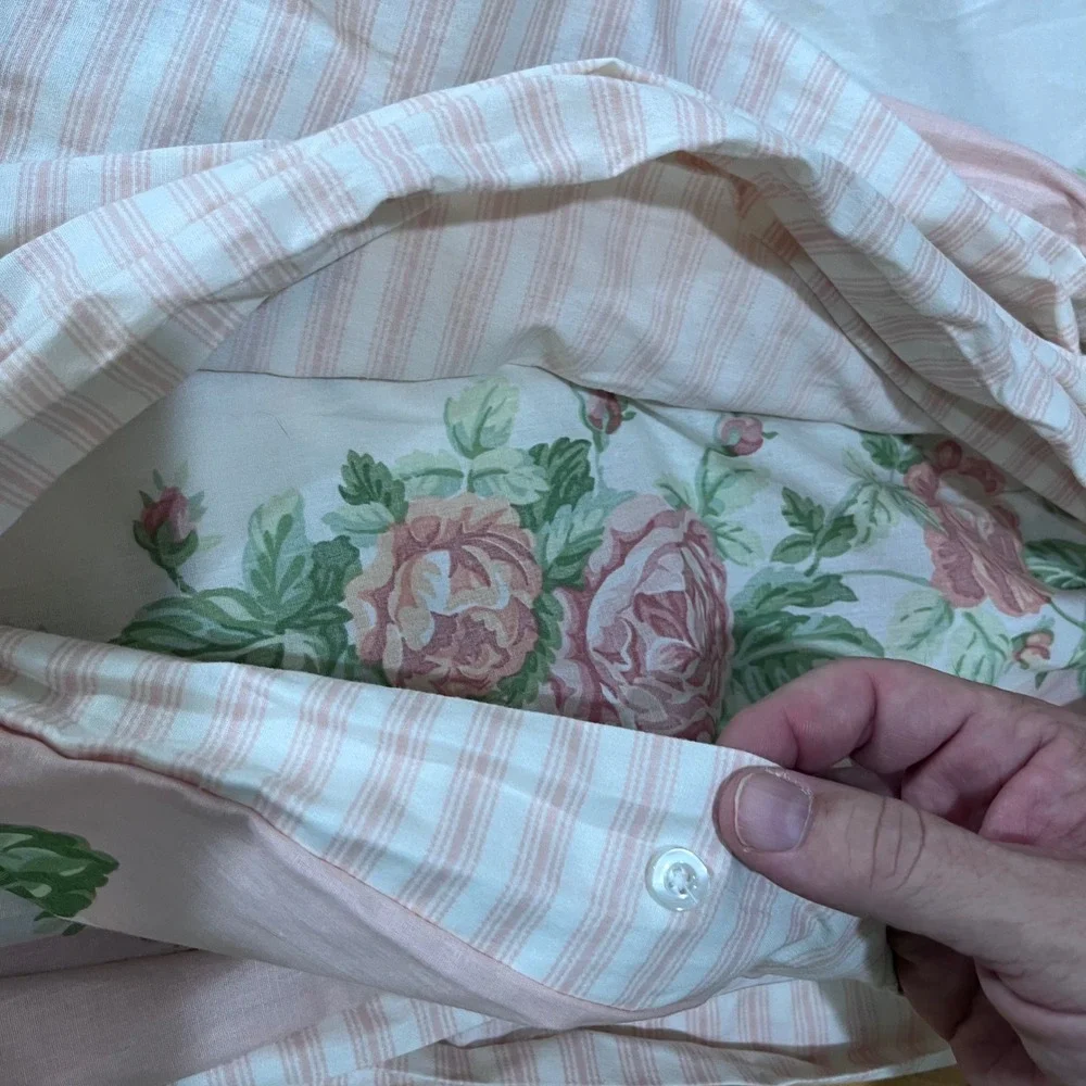 Vtg Laura Ashley Twin Duvet Cover Pink Cabbage Rose Floral Ticking Stripe Rev